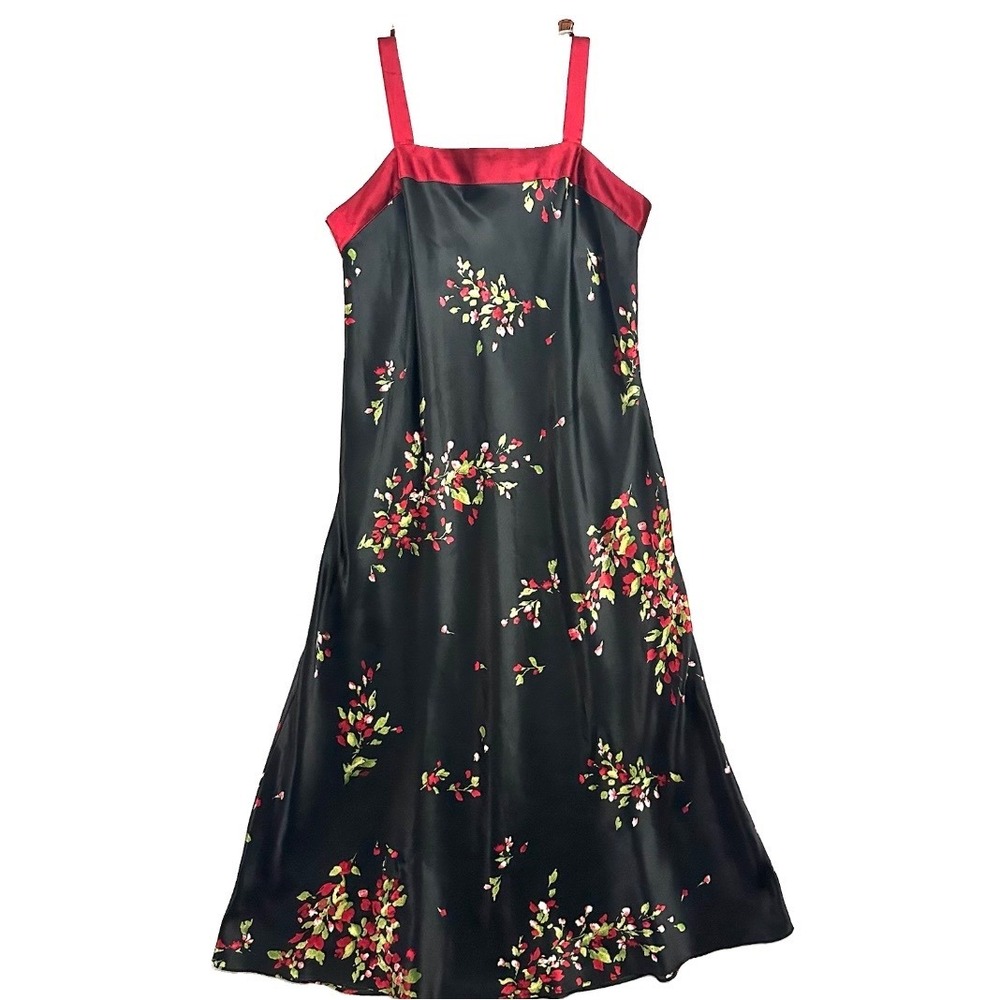 Jones New York L Large Floral Satin Slip Dress Square Neck Vintage 90s Romantic